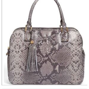 NEW Tory Burch Thea snake print 3 zip compartment purse bag satchel gray leather